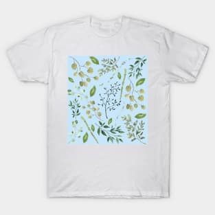 Blue Green summer leaves watercolour pattern T-Shirt